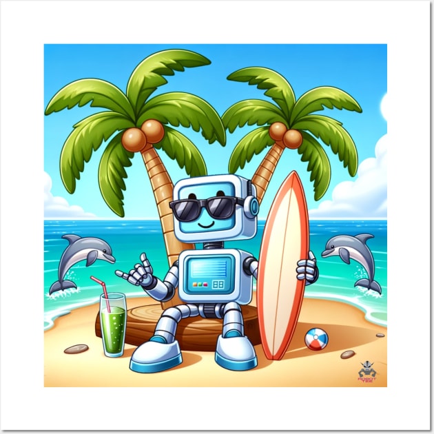 Surfer Robot Cartoon Wall Art by Robot Tees